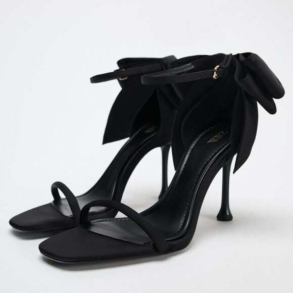 Zara 🖤 size 9 BLACK SATIN EFFECT BOW HIGH HEEL SANDALS NWT